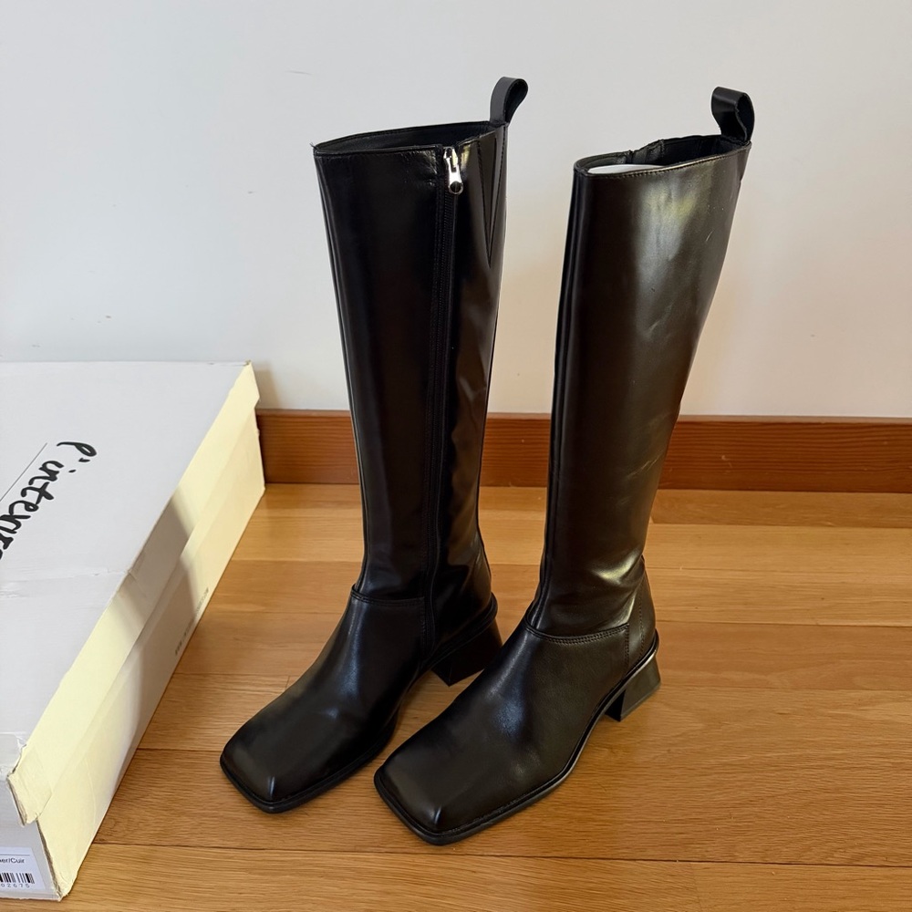 NWT Tall Black Leather Boots with Square Toe and Block Heel